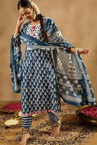 Ethnic motifs printed thread work pure cotton straight kurta & trousers & dupatta