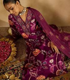 Burgundy floral printed v-neck sequinned pure cotton straight kurta set