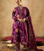 Burgundy floral printed v-neck sequinned pure cotton straight kurta set