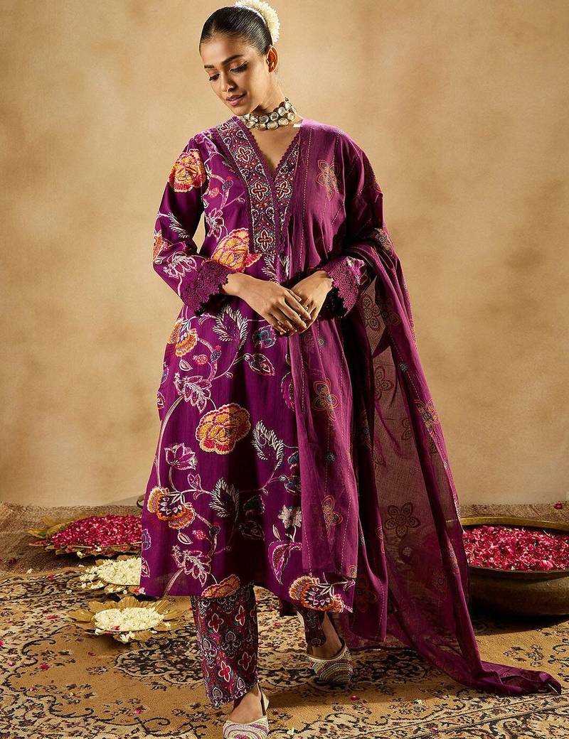 Burgundy floral printed v-neck sequinned pure cotton straight kurta set