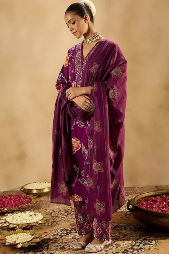 Burgundy floral printed v-neck sequinned pure cotton straight kurta set