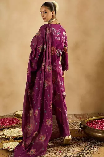 Burgundy floral printed v-neck sequinned pure cotton straight kurta set
