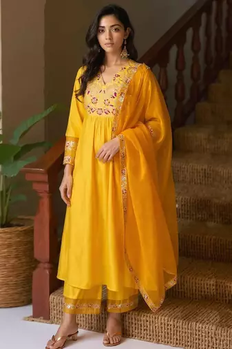 Floral embroidered empire liva a-line kurta with palazzo & dupatta