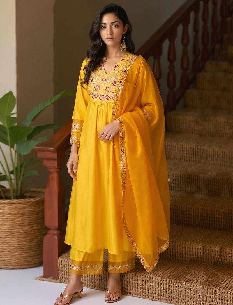 Floral embroidered empire liva a-line kurta with palazzo & dupatta