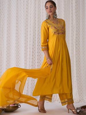 Floral embroidered empire liva a-line kurta with palazzo & dupatta 2