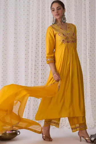 Floral embroidered empire liva a-line kurta with palazzo & dupatta