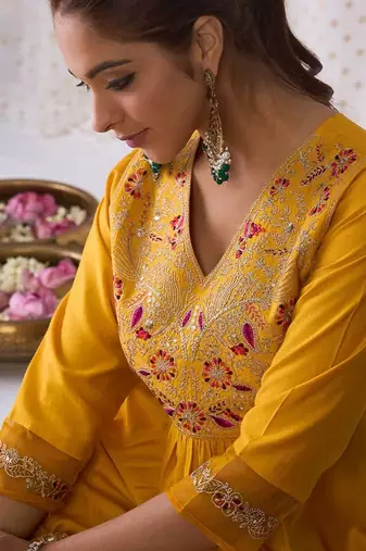 Floral embroidered empire liva a-line kurta with palazzo & dupatta