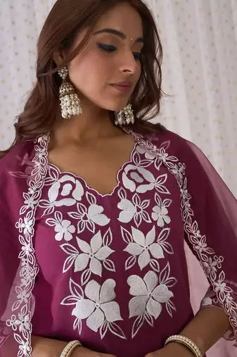 Floral embroidered v-neck thread work straight kurta with trousers & dupatta