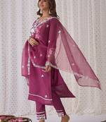 Floral embroidered v-neck thread work straight kurta with trousers & dupatta