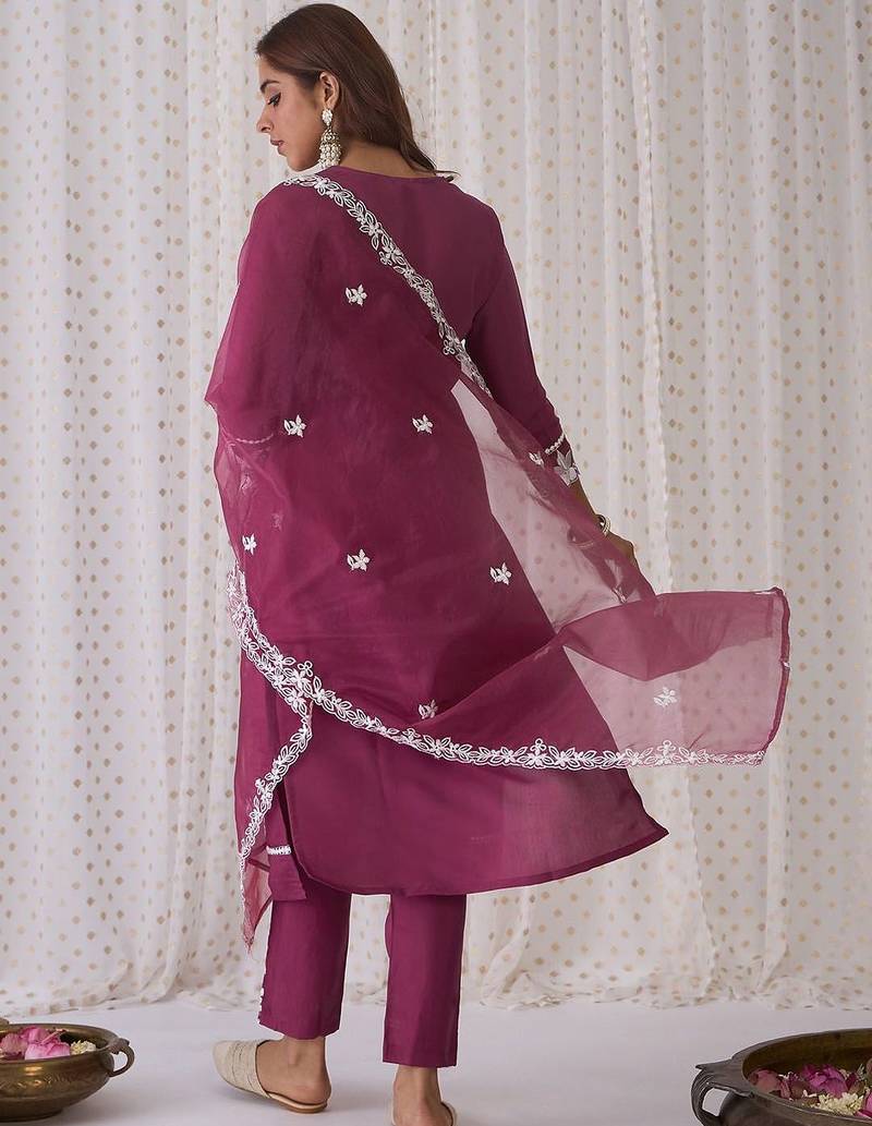 Floral embroidered v-neck thread work straight kurta with trousers & dupatta