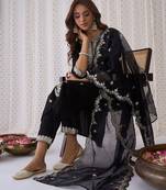 Ethnic motifs embroidered v-neck thread work kurta with trousers & dupatta