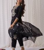 Ethnic motifs embroidered v-neck thread work kurta with trousers & dupatta