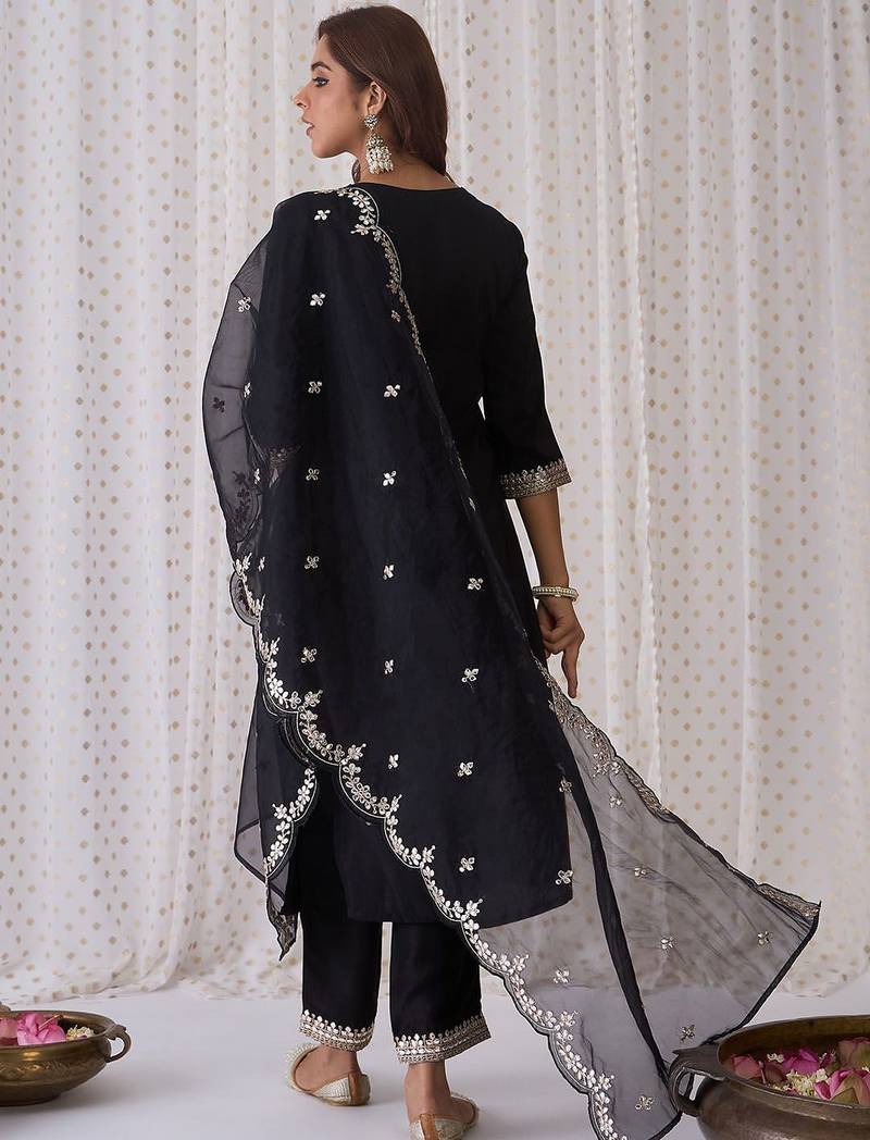 Ethnic motifs embroidered v-neck thread work kurta with trousers & dupatta