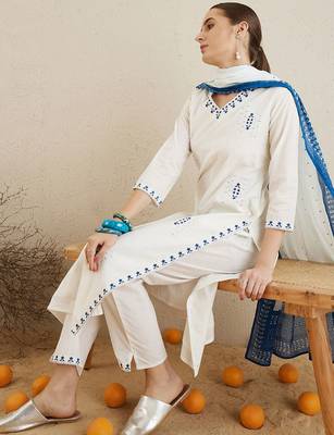 Ethnic motifs embroidered thread work cotton kurta with trousers & dupatta 2