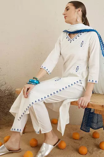 Ethnic motifs embroidered thread work pure cotton kurta with trousers & dupatta