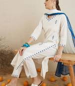 Ethnic motifs embroidered thread work pure cotton kurta with trousers & dupatta
