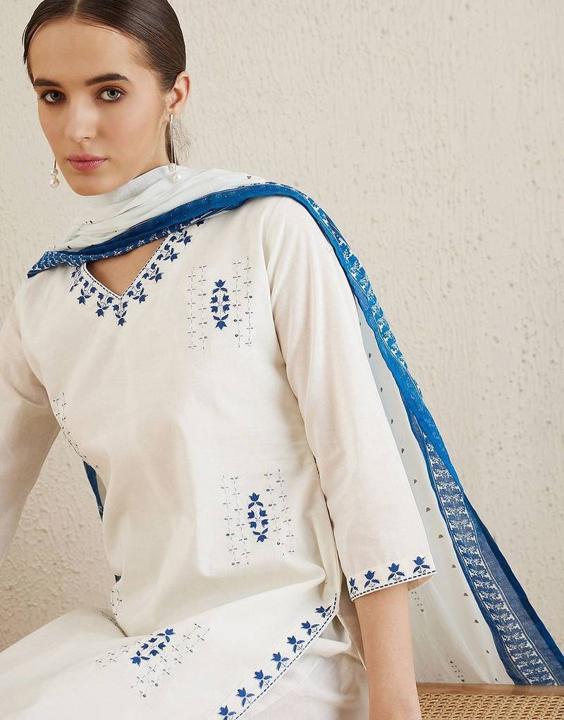 Ethnic motifs embroidered thread work pure cotton kurta with trousers & dupatta