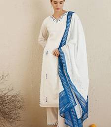 Ethnic motifs embroidered thread work cotton kurta with trousers & dupatta