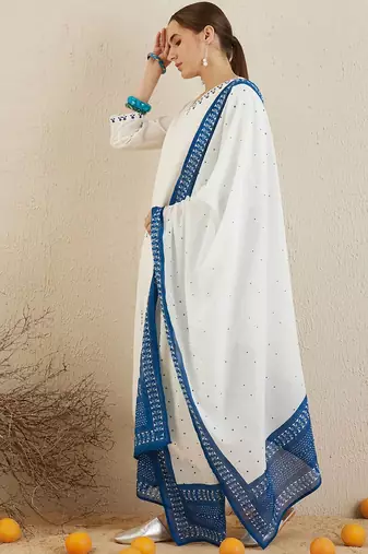 Ethnic motifs embroidered thread work pure cotton kurta with trousers & dupatta