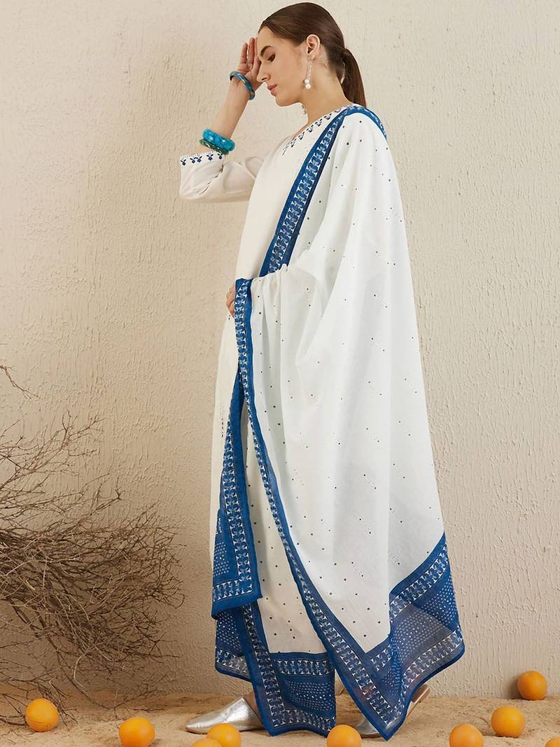 Ethnic motifs embroidered thread work pure cotton kurta with trousers & dupatta