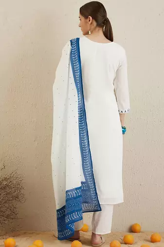 Ethnic motifs embroidered thread work pure cotton kurta with trousers & dupatta