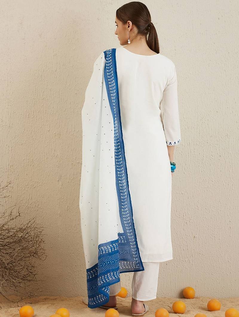 Ethnic motifs embroidered thread work pure cotton kurta with trousers & dupatta