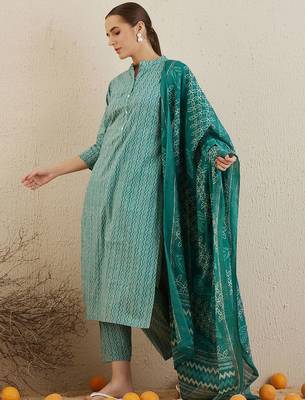 Chevron printed mandarin collar cotton kurta with trousers & with dupatta 3