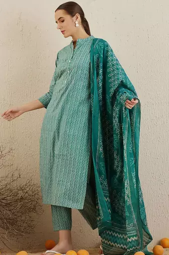 Chevron printed mandarin collar pure cotton kurta with trousers & with dupatta