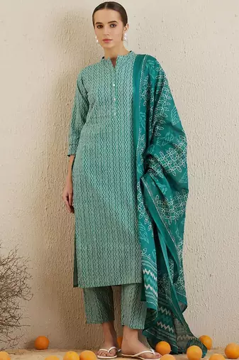 Chevron printed mandarin collar pure cotton kurta with trousers & with dupatta