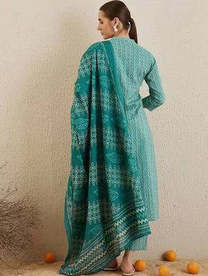 Chevron printed mandarin collar cotton kurta with trousers & with dupatta 5