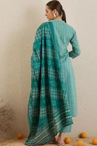Chevron printed mandarin collar pure cotton kurta with trousers & with dupatta