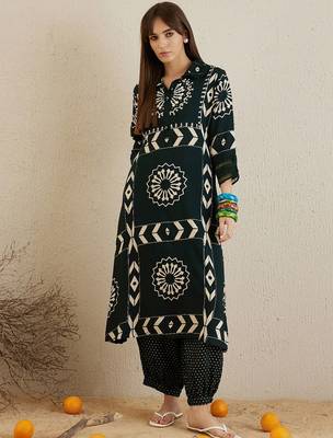 Floral printed sequinned shirt collar a-line kurta with salwar 3
