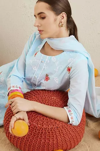 Round neck ethnic embroidered pure cotton kurta with trouser & dupatta