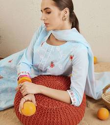 Round neck ethnic embroidered pure cotton kurta with trouser & dupatta
