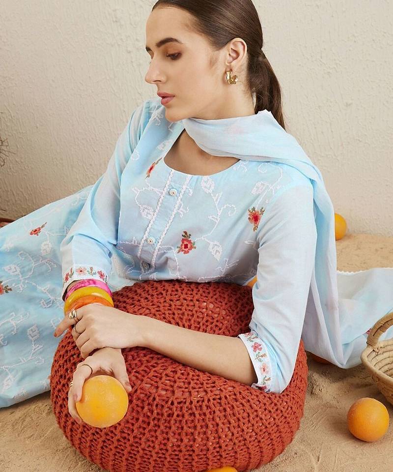 Round neck ethnic embroidered pure cotton kurta with trouser & dupatta