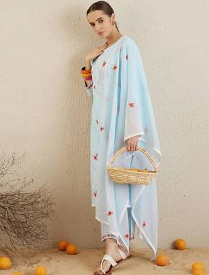 Round neck ethnic embroidered cotton kurta with trouser & dupatta 1