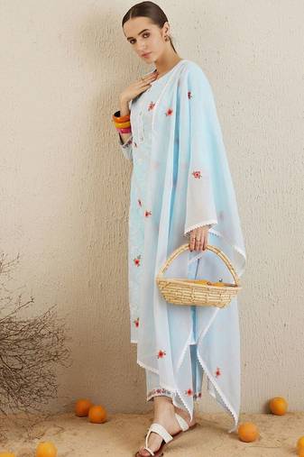Round neck ethnic embroidered pure cotton kurta with trouser & dupatta