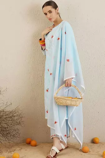 Round neck ethnic embroidered pure cotton kurta with trouser & dupatta