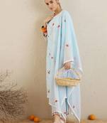 Round neck ethnic embroidered pure cotton kurta with trouser & dupatta