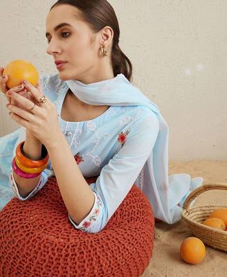 Round neck ethnic embroidered cotton kurta with trouser & dupatta 3