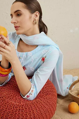 Round neck ethnic embroidered pure cotton kurta with trouser & dupatta