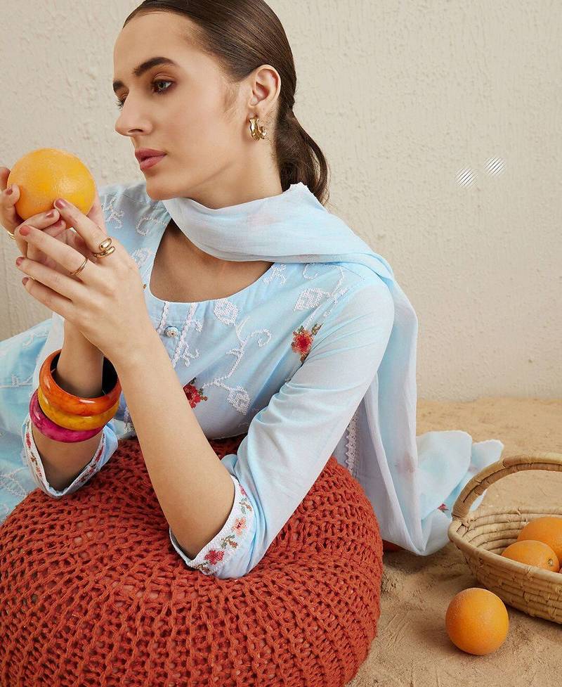 Round neck ethnic embroidered pure cotton kurta with trouser & dupatta