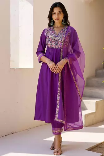 Floral embroidered pleated zari liva anarkali kurta with trousers & dupatta