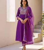 Floral embroidered pleated zari liva anarkali kurta with trousers & dupatta
