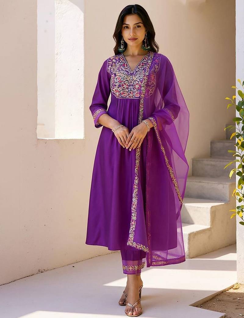 Floral embroidered pleated zari liva anarkali kurta with trousers & dupatta
