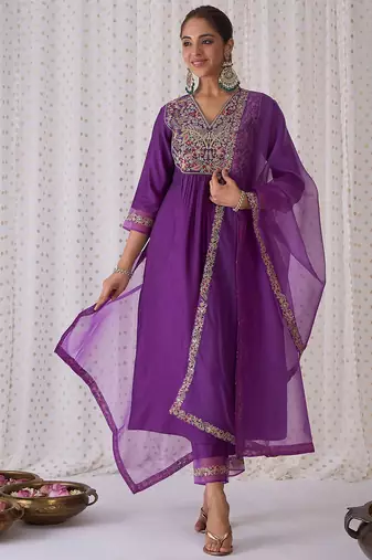 Floral embroidered pleated zari liva anarkali kurta with trousers & dupatta