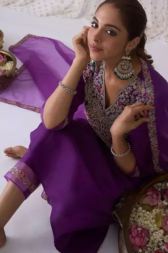 Floral embroidered pleated zari liva anarkali kurta with trousers & dupatta
