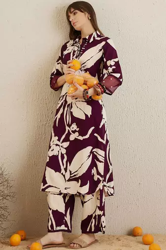 Shirt collar floral printed straight kurta with trouser