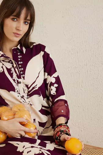 Shirt collar floral printed straight kurta with trouser