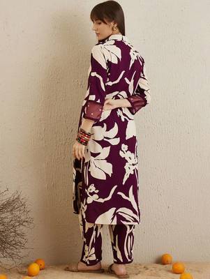 Shirt collar floral printed straight kurta with trouser 4
